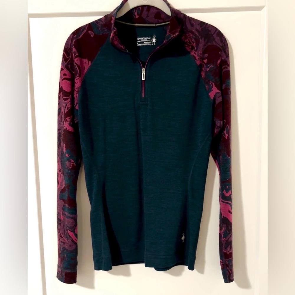 Smartwool Women's Merino 1/4 Zip Pullover - Teal Body with Berry Accent